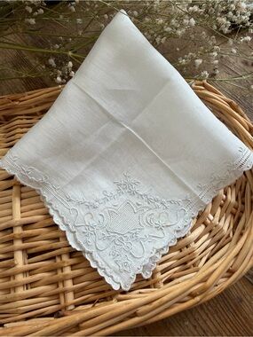 Hand embroidered antique linen handkerchief